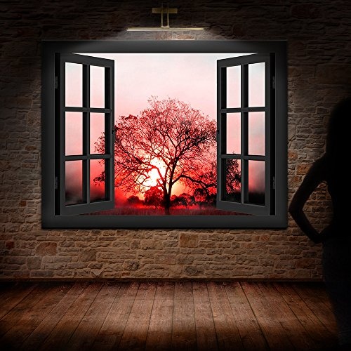 Bild auf Keilrahmen - Fensterblick Sonnenuntergang und Bäume - Fotoleinwand24 / AA0250 / Schwarz / 120x80 cm