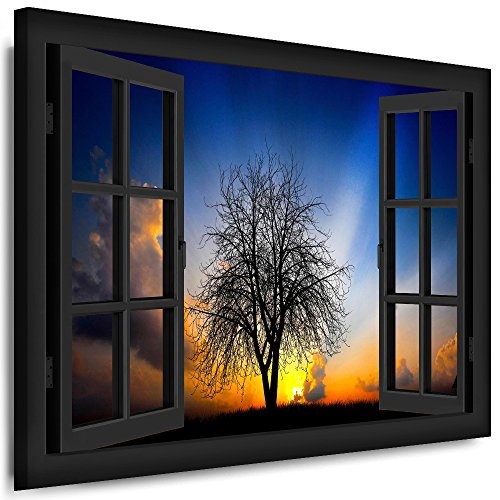 Bild auf Keilrahmen - Fensterblick Sonnenuntergang Mit Baum - Fotoleinwand24 / AA0246 / Schwarz / 120x80 cm