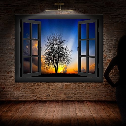 Bild auf Keilrahmen - Fensterblick Sonnenuntergang Mit Baum - Fotoleinwand24 / AA0246 / Schwarz / 120x80 cm