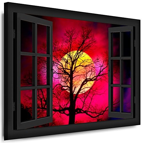 Bild auf Keilrahmen - Fensterblick Sonnenuntergang Mit Baum - Fotoleinwand24 / AA0268 / Schwarz / 120x80 cm