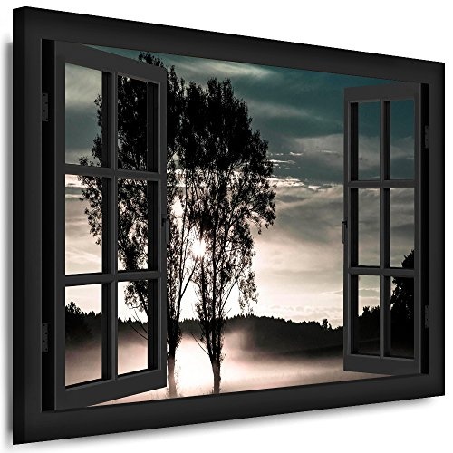 Bild auf Keilrahmen - Fensterblick Sonnenuntergang Mit Baum - Fotoleinwand24 / AA0225 / Schwarz / 120x80 cm