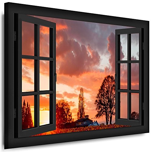 Bild auf Keilrahmen - Fensterblick Sonnenuntergang Mit Baum - Fotoleinwand24 / AA0205 / Schwarz / 120x80 cm