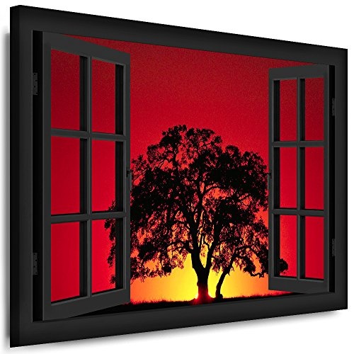 Bild auf Keilrahmen - Fensterblick Sonnenuntergang Mit Baum - Fotoleinwand24 / AA0202 / Schwarz / 120x80 cm