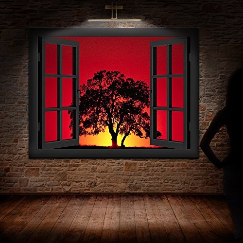 Bild auf Keilrahmen - Fensterblick Sonnenuntergang Mit Baum - Fotoleinwand24 / AA0202 / Schwarz / 120x80 cm