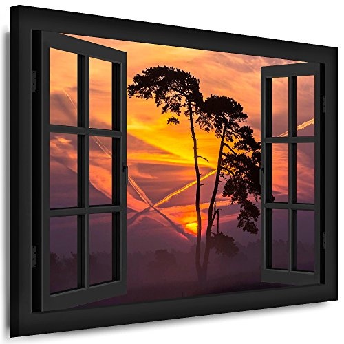 Bild auf Keilrahmen - Fensterblick Sonnenuntergang Mit Baum - Fotoleinwand24 / AA0201 / Schwarz / 120x80 cm