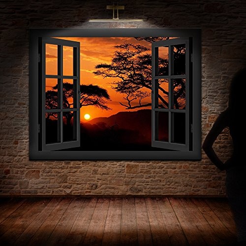 Bild auf Keilrahmen - Fensterblick Sonnenuntergang Mit Baum - Fotoleinwand24 / AA0200 / Schwarz / 100x70 cm