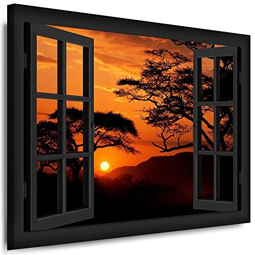 Bild auf Keilrahmen - Fensterblick Sonnenuntergang Mit Baum - Fotoleinwand24 / AA0200 / Schwarz / 100x70 cm