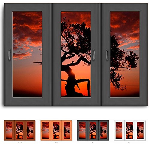 Bild auf Leinwand - Fensterblick Baum am Sonnenuntergang - Fotoleinwand24 / AA0401 / Schwarz / 120x80 cm