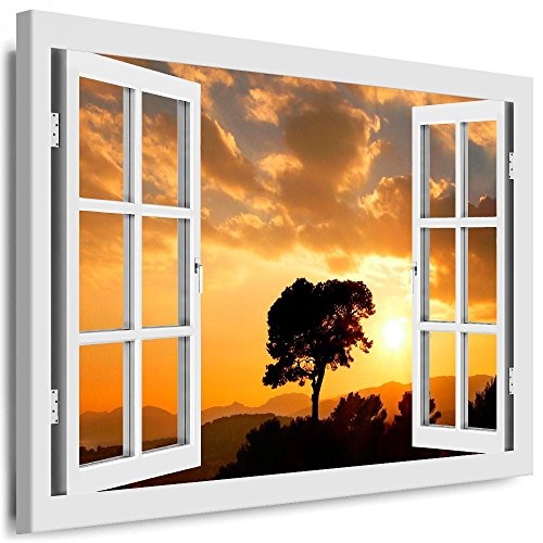 Fotoleinwand24 - Fensterblick Sonnenuntergang mit Baum / AA0083 / Fotoleinwand auf Keilrahmen/Weiß / 150x100 cm