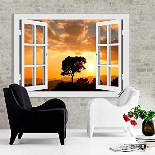 Fotoleinwand24 - Fensterblick Sonnenuntergang mit Baum / AA0083 / Fotoleinwand auf Keilrahmen/Weiß / 150x100 cm