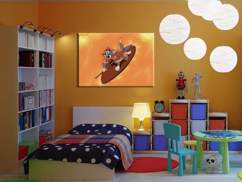Tom und Jerry Kinderzimmer Bild auf Leinwand - 100x70cm k. Poster ! Bild fertig auf Keilrahmen ! Pop Art Gemälde Kunstdrucke, Wandbilder, Bilder zur Dekoration - Deko - Top 100 ! Bilder für Kinderzimmer - Babyzimmer