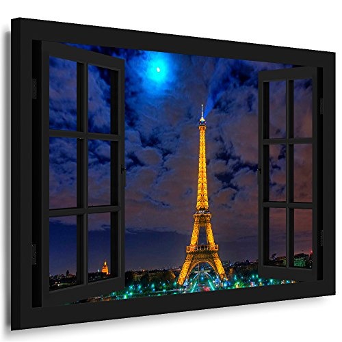 Bild auf Leinwand - Fensterblick Paris Eifeltrum Nacht -...