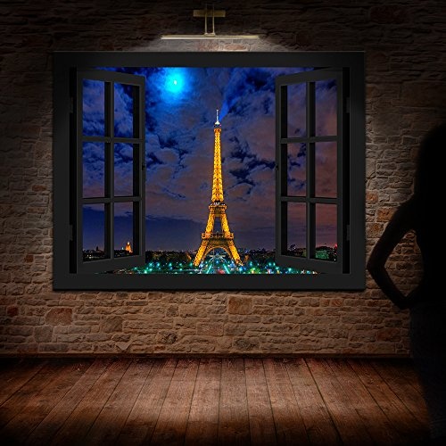 Bild auf Leinwand - Fensterblick Paris Eifeltrum Nacht -...