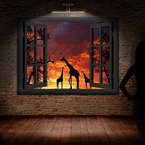 Bild auf Keilrahmen - Fensterblick Sonnenuntergang Mit Giraffen - Fotoleinwand24 / AA0294 / Schwarz / 120x80 cm
