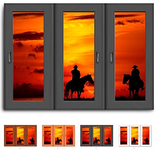 Bild auf Leinwand - Fensterblick Pferde Reiter bei Sonnenuntergang - Fotoleinwand24 / AA0375 / Schwarz / 120x80 cm