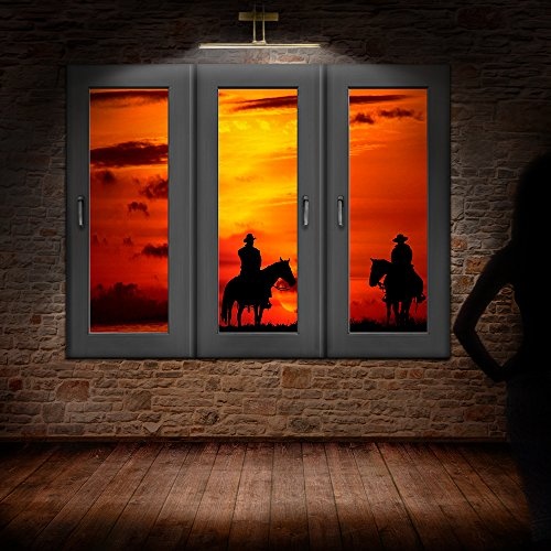 Bild auf Leinwand - Fensterblick Pferde Reiter bei Sonnenuntergang - Fotoleinwand24 / AA0375 / Schwarz / 120x80 cm