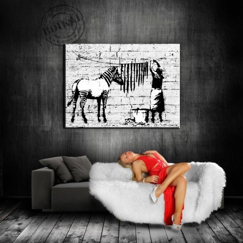 Banksy " WASHING ZEBRA" # 9813 Kunst auf Leinwand Bild 120x80cm k. Poster ! Bild fertig auf Keilrahmen ! Pop Art Gemälde Kunstdrucke, Wandbilder, Bilder zur Dekoration - Deko / Top 100 "Banksy" Bilder - Graffiti / Street Art Kunstdrucke