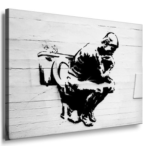 Fotoleinwand24 - Banksy Graffiti Art "Thinker On Toilet" / AA0135 / Bild auf Keilrahmen / Schwarz-Weiß / 40x30 cm