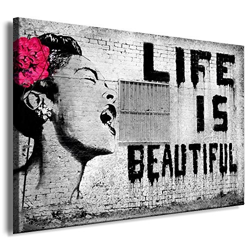 Fotoleinwand24 - Banksy Graffiti Art Life Is Beautiful / AA0109 / Bild auf Keilrahmen/Schwarz-Weiß / 150x100 cm