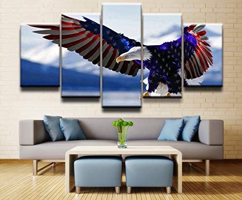CYZSH Modulare Bilder Leinwand Hd Gedruckt Malerei Wandkunst Poster 5 Stücke Amerika Tier Weißkopfseeadler Vogel Flag Home Dekorative