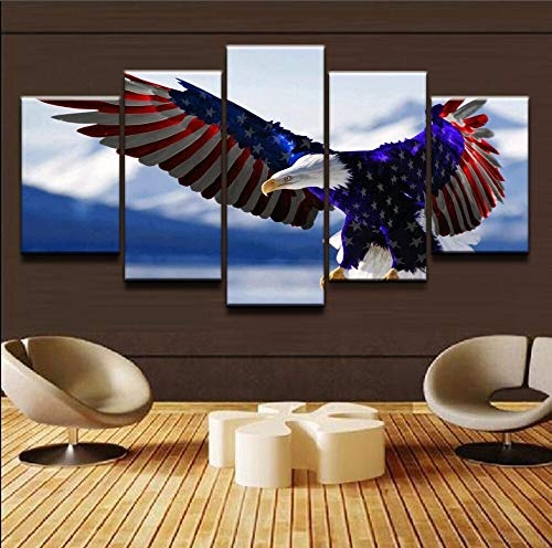 CYZSH Modulare Bilder Leinwand Hd Gedruckt Malerei Wandkunst Poster 5 Stücke Amerika Tier Weißkopfseeadler Vogel Flag Home Dekorative