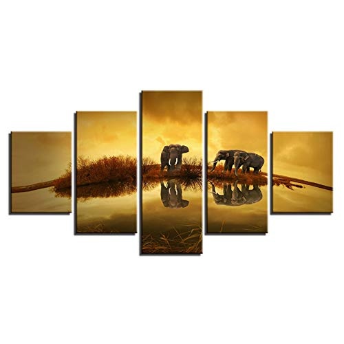 CYZSH Leinwand Bilder Wohnkultur Wohnzimmer Wandkunst 5 Stücke Tier Elefanten Malerei Drucke Sonnenuntergang See Landschaft Poster