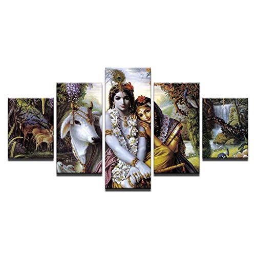 CYZSH Leinwand Hd Drucke Wohnzimmer Bilder 5 Stücke Indien Mythos Krishna Vishnu Malerei Wandkunst Tier Poster Wohnkultur