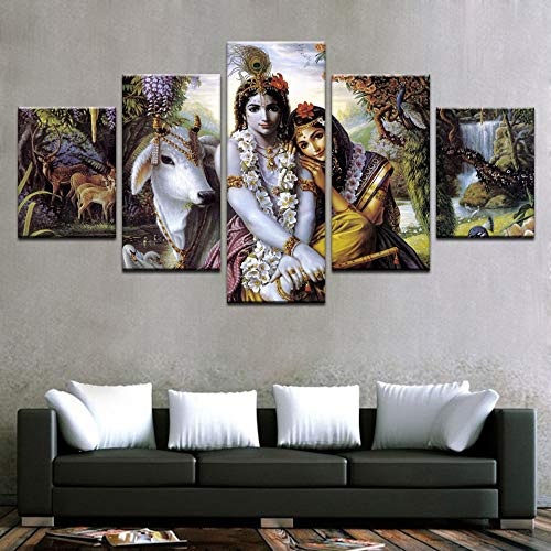 CYZSH Leinwand Hd Drucke Wohnzimmer Bilder 5 Stücke Indien Mythos Krishna Vishnu Malerei Wandkunst Tier Poster Wohnkultur