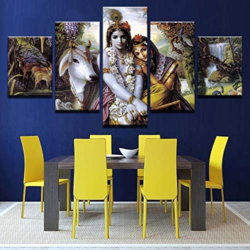 CYZSH Leinwand Hd Drucke Wohnzimmer Bilder 5 Stücke Indien Mythos Krishna Vishnu Malerei Wandkunst Tier Poster Wohnkultur