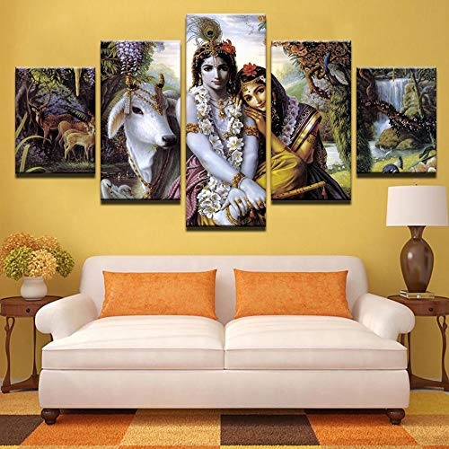 CYZSH Leinwand Hd Drucke Wohnzimmer Bilder 5 Stücke Indien Mythos Krishna Vishnu Malerei Wandkunst Tier Poster Wohnkultur