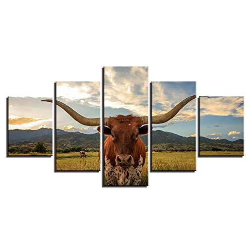 CYZSH Leinwand Wandkunst Bilder 5 Stücke Lange Gehörnte Vieh Gemälde Wohnkultur Für Wohnzimmer Hd Druckt Tier Ox Poster