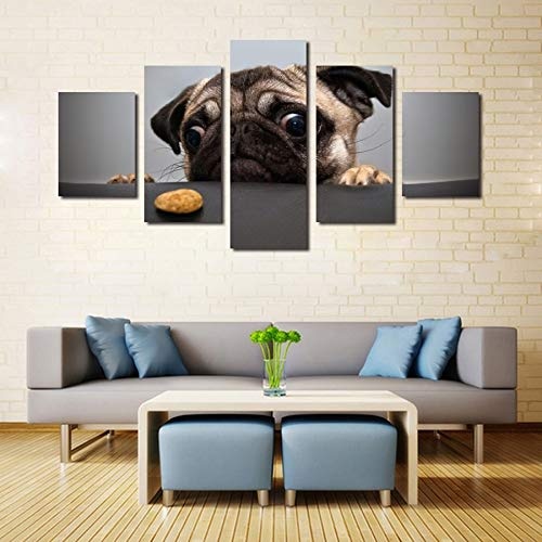 CYZSH Leinwand Hd Drucke Poster Wandkunst 5 Stücke Niedlichen Hund Gesicht Gemälde Tier Mops Bilder Für Wohnzimmer Dekoration