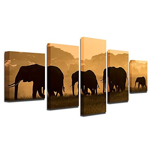 CYZSH Leinwand Hd Drucke Bilder Wohnzimmer Wandkunst 5 Stücke Sonnenuntergang Steppe Elefant Gruppe Malerei Tier Poster Wohnkultur