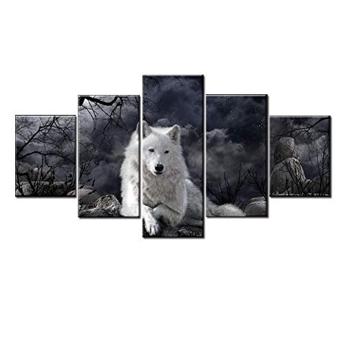 CYZSH Leinwand Hd Drucke Bilder Wohnkultur Für Wohnzimmer 5 Stücke Weiß Wolf Gemälde Wandkunst Tier Nightscape Poster