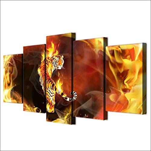 CYZSH Leinwand Poster Wandkunst Modular Tier Bilder 5 Stück Feuer Tiger In Flamme Abstrakte Malerei Wohnzimmer Wohnkultur