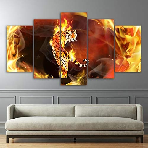CYZSH Leinwand Poster Wandkunst Modular Tier Bilder 5 Stück Feuer Tiger In Flamme Abstrakte Malerei Wohnzimmer Wohnkultur