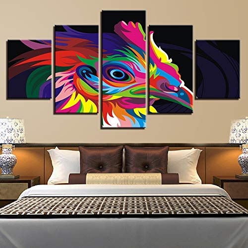 CYZSH Wandkunst Leinwand Hd Drucke Poster Wohnzimmer Wohnkultur 5 Stücke Regenbogen Farbe Vogel Gemälde Tier Huhn Bilder