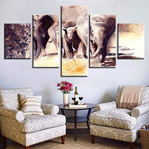 CYZSH Leinwand Wandkunst Bilder Wohnzimmer 5 Stücke Aquarell Elefant Malerei Druck Abstrakte Tier Poster Modular Home Decor