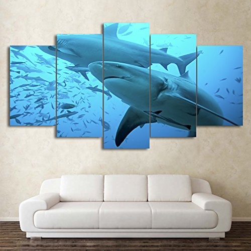 CYZSH Moderne Leinwand Wandkunst Hd Gedruckt Bilder 5 Stücke Tiefblauen Ozean Tier Poster Big Shark Malerei Für Wohnzimmer Dekor