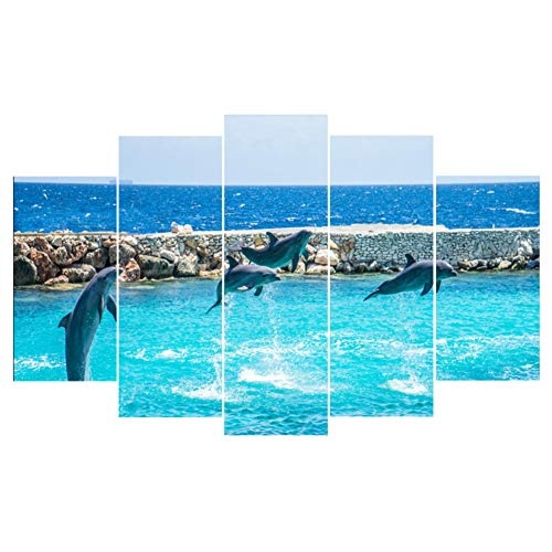 CYZSH Leinwand Hd Gedruckt Bilder Wandkunst Poster 5 Stücke Wohnkultur Graceful Jumping Dolphins Tier Blue Sea View Malerei
