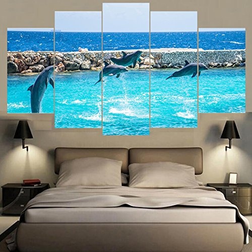 CYZSH Leinwand Hd Gedruckt Bilder Wandkunst Poster 5 Stücke Wohnkultur Graceful Jumping Dolphins Tier Blue Sea View Malerei