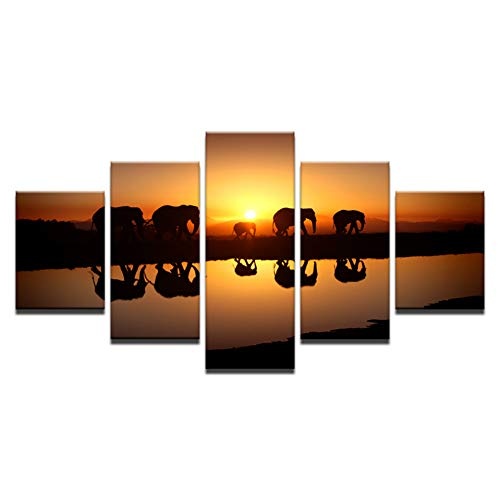 CYZSH Moderne Leinwand Hd Gedruckt Für Wohnzimmer Wandkunst 5 Stücke Tier Elefanten Malerei Sonnenuntergang Landschaft Bilder Wohnkultur