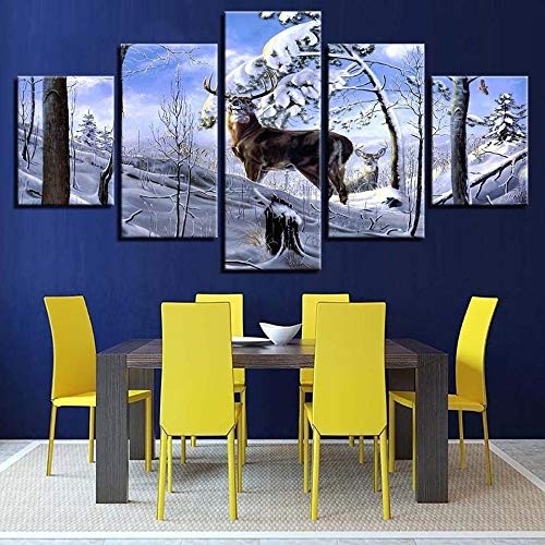 CYZSH Wandkunst Hd Drucke Bilder 5 Stücke Schnee Berg Wald Hirsche Leinwand Gemälde Moderne Wohnkultur Tier Dollar Poster