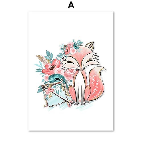 LLTYED Cartoon Pink Fox Zelt Blume Blatt Nordic Poster...