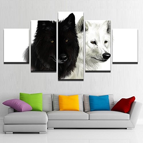 CYZSH Leinwand Hd Drucke Bilder Home Decor 5 Stücke Wolf Paar Gemälde Schwarzweiß Tier Poster Wohnzimmer Wandkunst