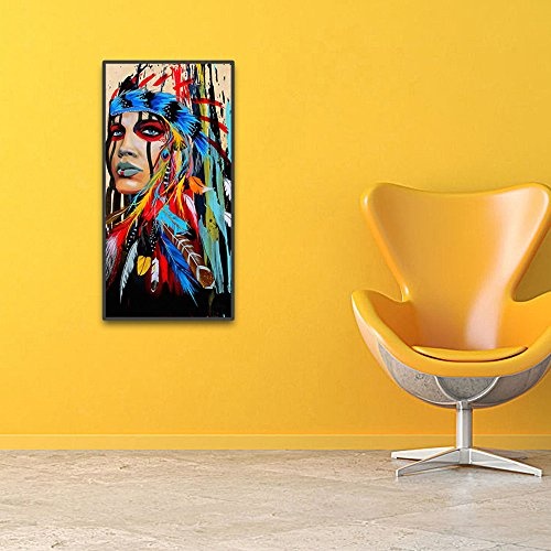 VNEIRW Bild auf Leinwand Hochkant, Bunt Leinwandbilder, Abstraktes Ölgemälde Stil, Art Bilder Wandbild, Indische Frau, Wandbilder Wohnzimmer Wohnung Deko Kunstdrucke, Kein Rahmen (L:40x80 cm)