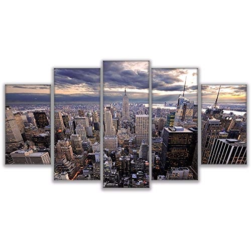 CYZSH Leinwand Wandkunst Hd Gedruckt Poster 5 Stücke Manhattan New York Wolkenkratzer Stadtbild Malerei Wohnkultur Bilder