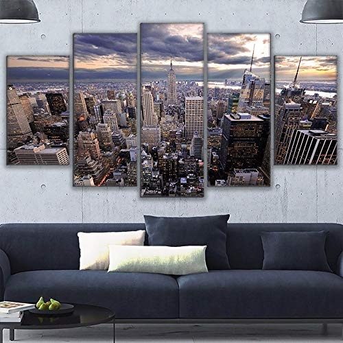 CYZSH Leinwand Wandkunst Hd Gedruckt Poster 5 Stücke Manhattan New York Wolkenkratzer Stadtbild Malerei Wohnkultur Bilder