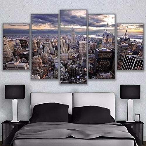 CYZSH Leinwand Wandkunst Hd Gedruckt Poster 5 Stücke Manhattan New York Wolkenkratzer Stadtbild Malerei Wohnkultur Bilder