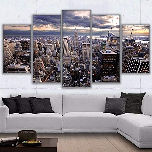 CYZSH Leinwand Wandkunst Hd Gedruckt Poster 5 Stücke Manhattan New York Wolkenkratzer Stadtbild Malerei Wohnkultur Bilder